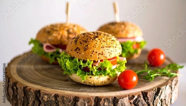 Obraz Three small ham and tomato sandwiches on a wooden platter