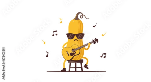 Fototapeta Amusing Anthropomorphic Butternut Squash Character Plays Guitar And Enjoys Music.
