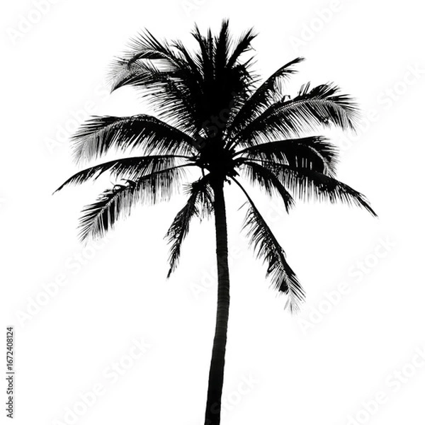 Fototapeta Dark palm tree silhouette with detailed fronds isolated on transparent background