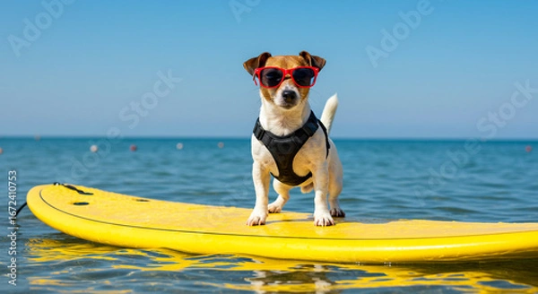Fototapeta Hilarious cool Jack Russell Terrier dog wearing sunglasses surfing on a bright yellow surfboard in ocean on a sunny day for summer fun