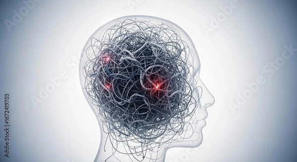 Fototapeta Abstract representation of a human head filled with chaotic wires  