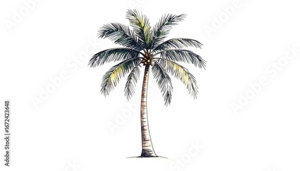 Fototapeta A Realistic Watercolor Illustration of a Tall Palm Tree with a Textured Trunk and Lush Green Fronds.