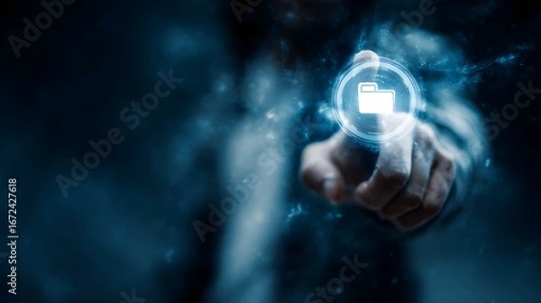 Fototapeta Hacker reaching into futuristic holographic interface to access digital file