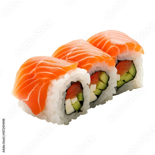 Fototapeta Fresh salmon sushi with rice isolated on transparent white background, clipping path