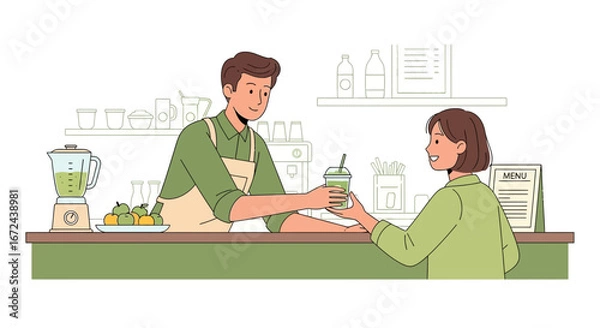 Fototapeta Barista Smiling While Serving Smoothie drink To Woman At Cafe Counter Illustration