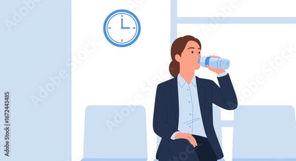 Fototapeta Businesswoman Takes Drink In A Modern Waiting Area While Observing The Time