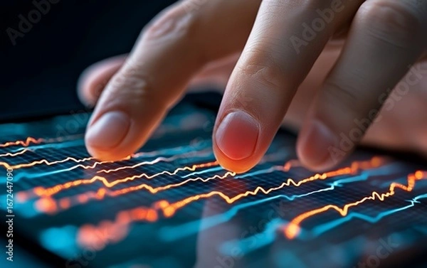 Fototapeta A finger traces a vibrant stock market graph displayed on a digital device, showcasing real-time financial data analysis