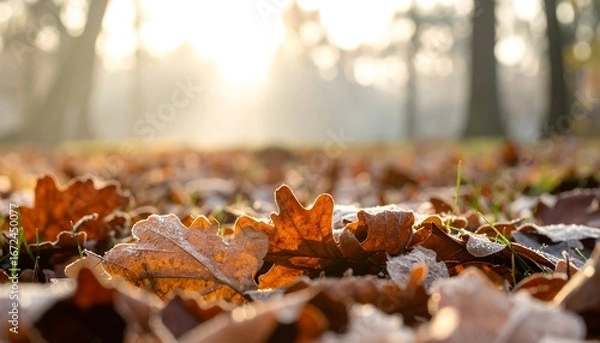 Fototapeta Fallen oak leaves, touched by frost, blanket the ground with a soft, golden light