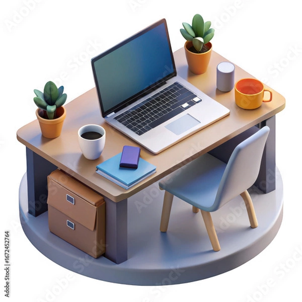 Obraz Cozy home office setup with laptop desk chair and plants isolated on transparent background