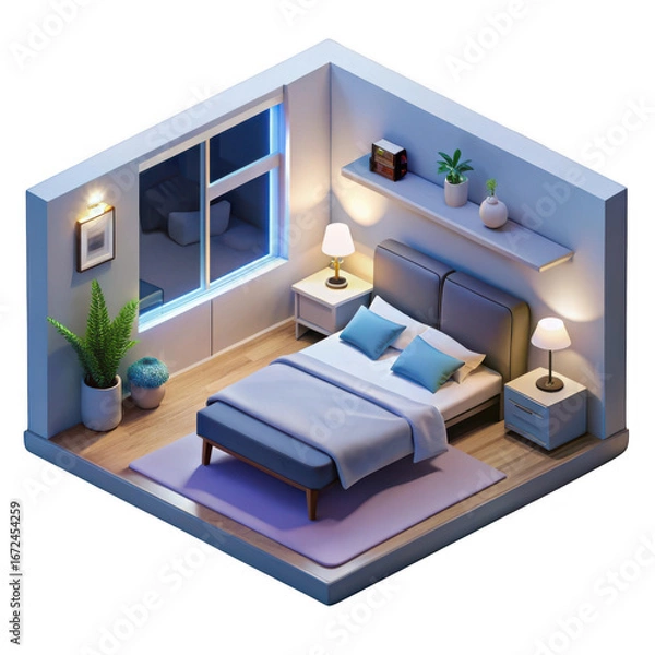 Obraz Cozy isometric bedroom scene with bed and window isolated on transparent background
