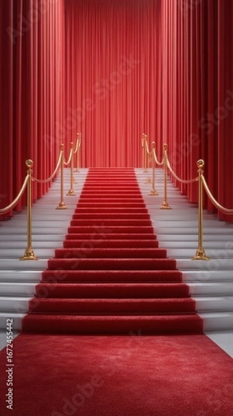 Fototapeta Elegant staircase adorned with a red carpet and golden railings leading to a grand stage