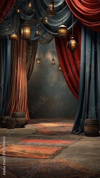 Fototapeta Colorful backdrop with draped fabrics and lanterns in a vintage setting for a festive event