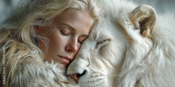 Fototapeta Soft bond between woman and white lion in a serene setting during a peaceful moment