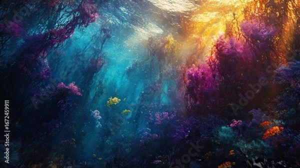Fototapeta Vibrant underwater scene with colorful kelp forests.
