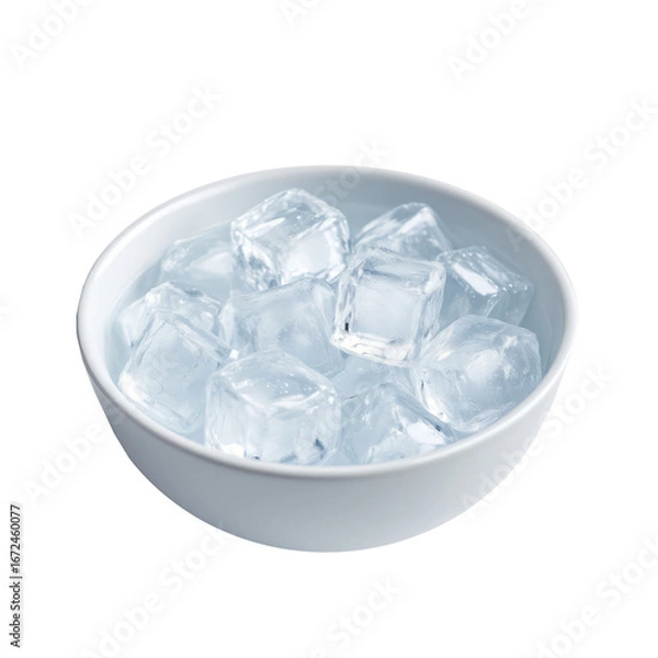 Obraz Round clear glass bowl filled with ice cubes isolated on white background, transparent crystal ice in circular glass dish, minimal food and drink
