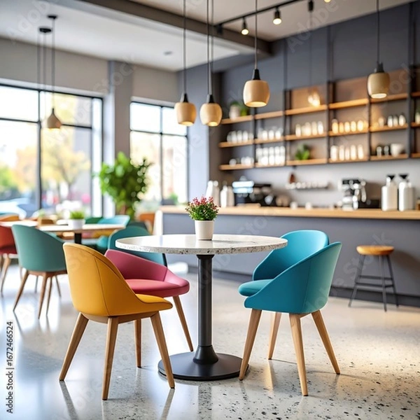 Obraz Vibrant cafe interior with colorful chairs (1)