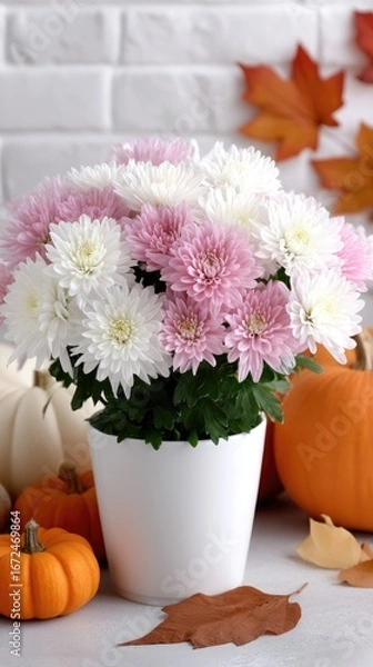 Fototapeta A beautifully decorated porch showcasing a white pumpkin and a wicker basket with a blanket, surrounded by autumn foliage