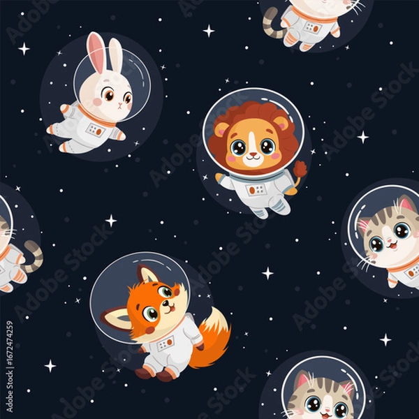 Fototapeta Seamless vector pattern on a dark background. Cute animal astronauts fly in space with stars, a lion, a kitten, a bunny, and a fox. . Vector illustration