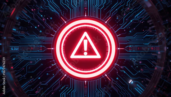 Obraz Red Digital AI Security Warning Sign Embedded in Circuit Board Technology
