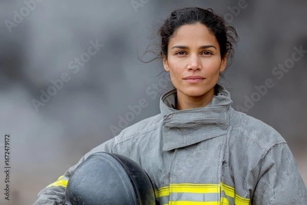 Fototapeta female firefighter, an indian woman in full firefighter gear, holding a helmet under her arm, stands in a smoky environment she is in crisp focus while the background is blurred for depth