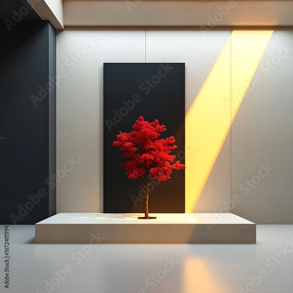 Fototapeta Red tree on white pedestal against black panel with yellow light beam plant nature