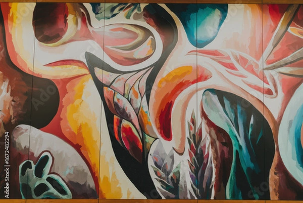 Fototapeta Vibrant mural featuring abstract patterns with bold colors and organic shapes in an urban setting during daylight