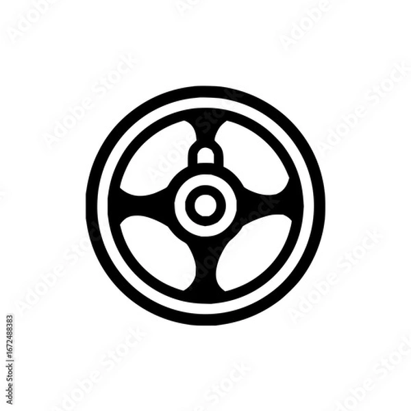 Fototapeta Illustration of a black steering wheel with a circular center and four spokes on a white background
