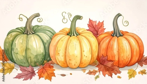 Fototapeta Watercolor pumpkins in autumn colors, surrounded by fallen leaves on a neutral background