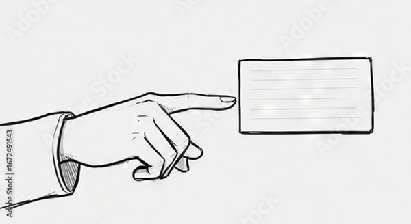 Obraz Illustration of a hand with a finger pointing towards a rectangular blank card or screen, set against a white background.