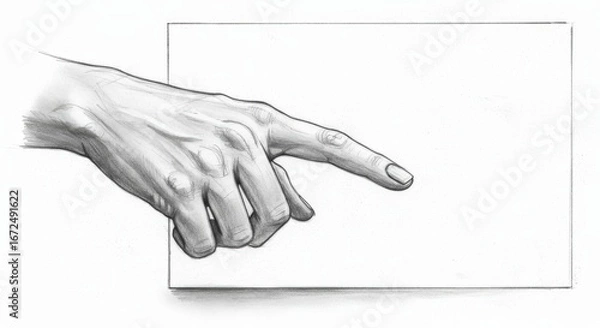 Obraz A detailed pencil drawing of a hand emerging from a white rectangular frame, with the index finger pointing towards the empty space.