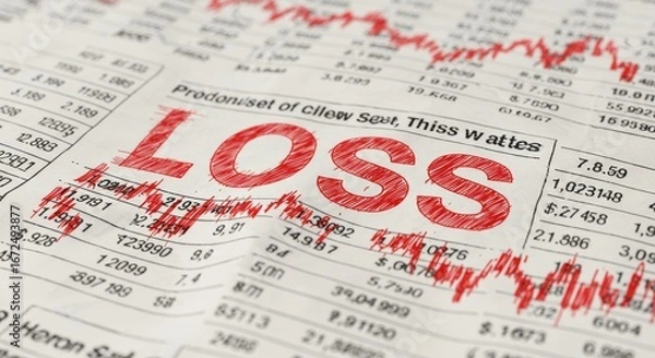 Obraz A newspaper page displaying financial data with a prominent red "LOSS" overlay, accompanied by a downward trending graph.