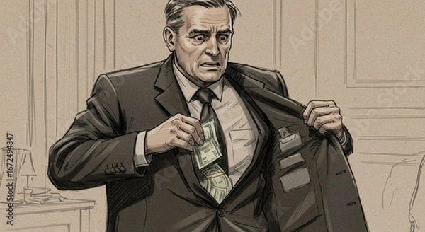Obraz Illustration of a man in a suit secretly placing money inside his jacket pocket, looking concerned.
