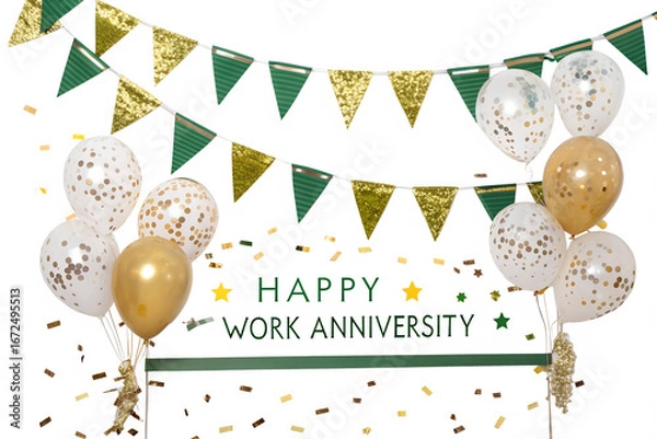 Obraz Bright and cheerful golden and green decor with confetti and balloons, joyfully marking a happy work anniversary and celebrating years of dedicated service