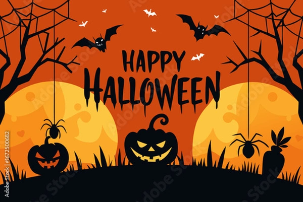 Fototapeta Happy halloween with spooky bats spiders and jack o lanterns