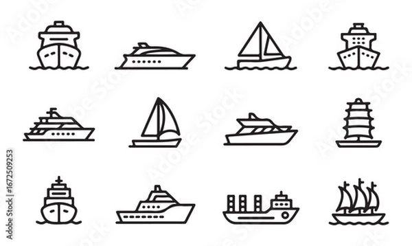 Fototapeta Collection of boat and vessel illustrations in modern vector design