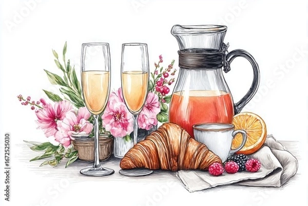Fototapeta Elegant Brunch Display Artwork: Gourmet Breakfast Tray with Floral Accents and Glassware on White Background.