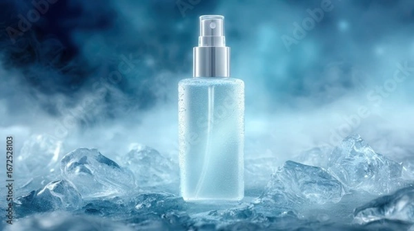 Fototapeta A clear mist spray bottle with water droplets, placed in an icy environment with fog and cool tones.