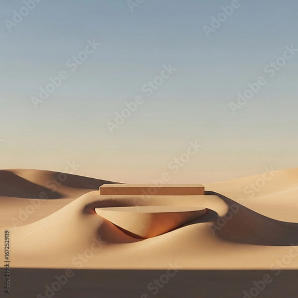 Fototapeta Minimalist desert landscape with geometric podium for product display