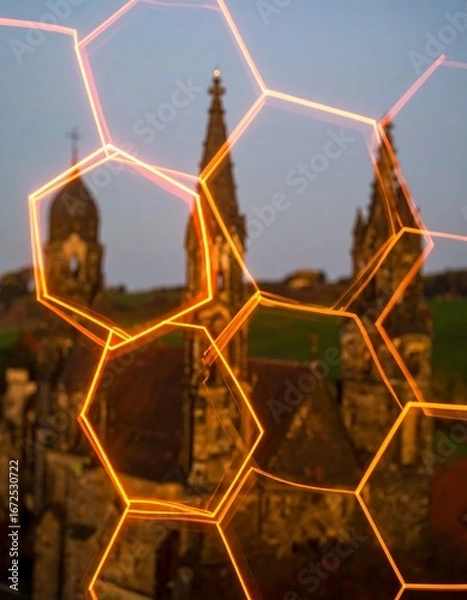 Obraz Hexagonal light trails framing old buildings