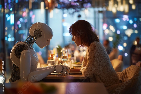 Fototapeta Woman on a date with a humanoid robot at a restaurant table, robot gently holding her hand, concept of AI Artificial intelligence companionship, futuristic relationships, and human-robot interaction.