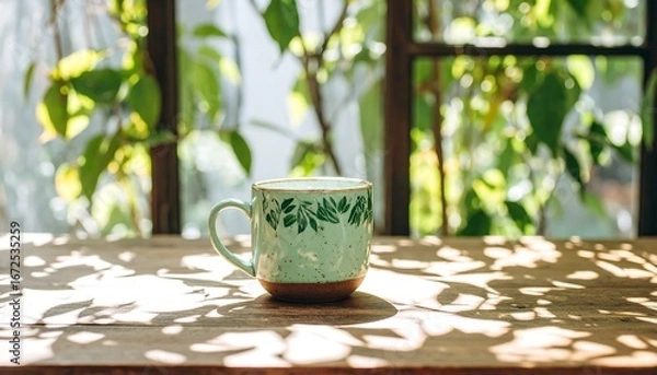 Obraz Light-filled outdoor scene with a teal mug