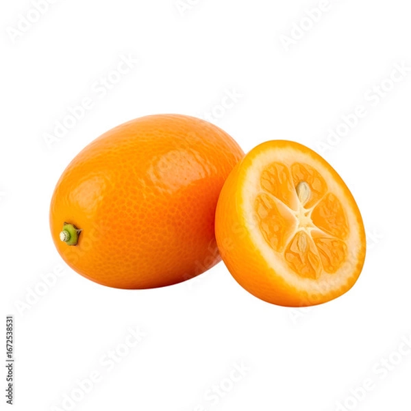 Fototapeta A detailed and professional-quality visual of a whole kumquat with one sliced in half, a sweet citrus fruit, completely visible and perfectly isolated on transparent background.