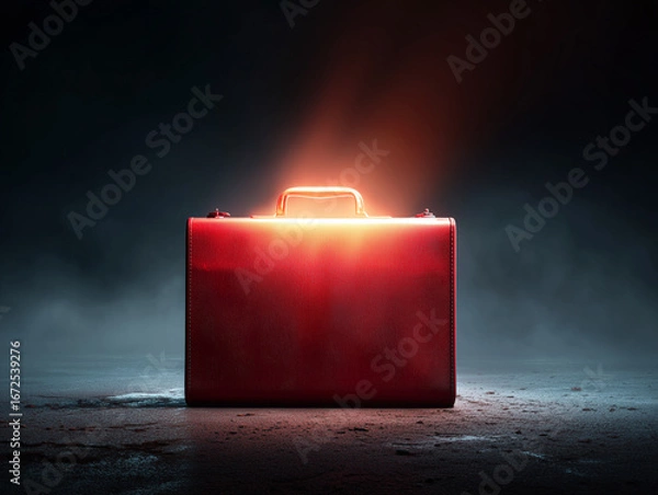 Fototapeta Red briefcase under dramatic studio lighting