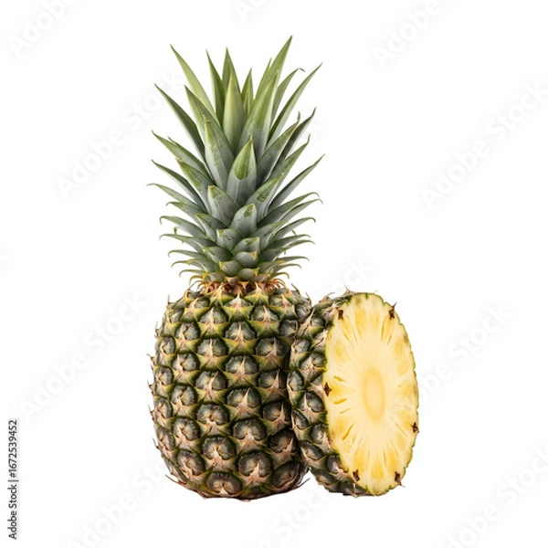 Fototapeta A detailed and professional-quality visual of a whole pineapple with its crown and a clean half slice, a classic tropical fruit isolated on transparent background.