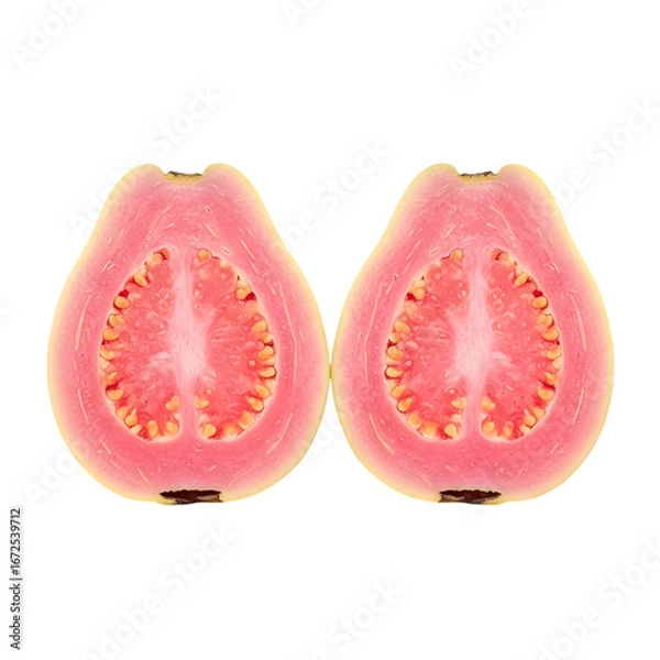 Fototapeta A high-quality, professional-grade visual of a whole guava sliced in half to show the pink flesh, a unique and sweet tropical fruit isolated on transparent background.