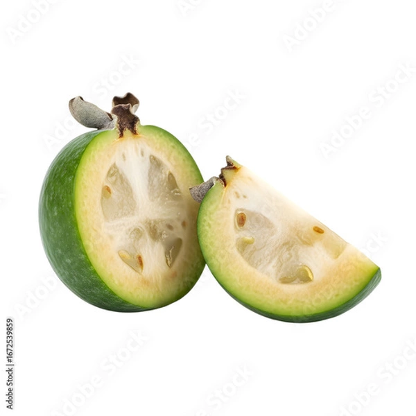 Fototapeta A detailed and professional-quality visual of a whole feijoa fruit with a half and slice, a unique exotic fruit, completely visible and perfectly isolated on transparent background.