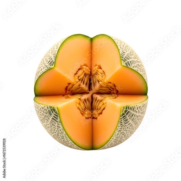 Fototapeta A high-quality, professional-grade visual of a whole cantaloupe melon cut into four quarters, a classic summer fruit isolated on transparent background.