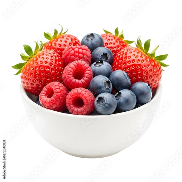 Fototapeta A pristine, high-resolution photographic rendering of a cluster of fresh mixed berries in a bowl, a healthy snack, completely visible and perfectly isolated on transparent background.