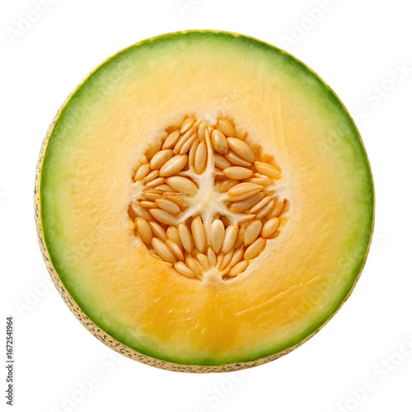 Fototapeta Close up overhead view of a ripe cantaloupe melon cut in half isolated on transparent background