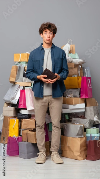 Fototapeta Young man holding an empty wallet, looking worried, standing in front of a large pile of shopping bags and packages, concept of overspending, financial stress, and holiday shopping pressures.